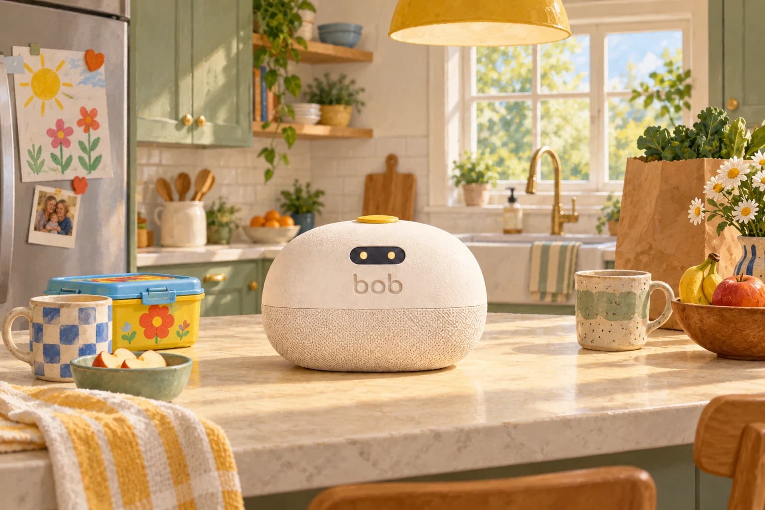 Engraved Bob device on a family kitchen island with a lunchbox, mugs and drawings on the refrigerator.