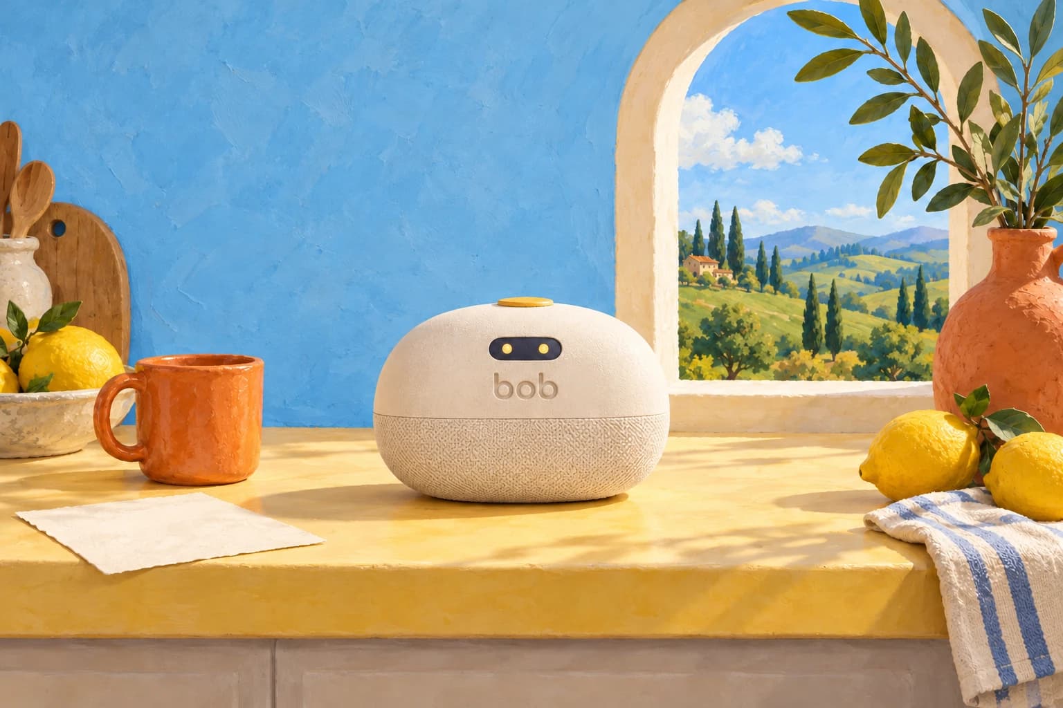 Bob device concept with bob engraved on its ivory shell, on a sunny kitchen counter beside a mug and an open window.