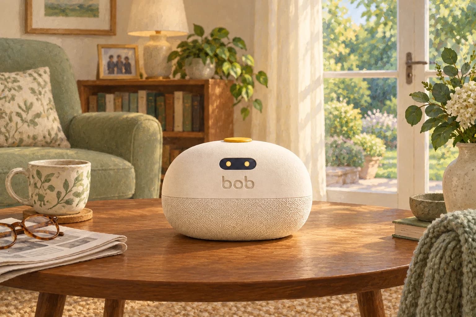 Engraved Bob device in a comfortable sage sitting room beside a newspaper, tea and a glass garden door.